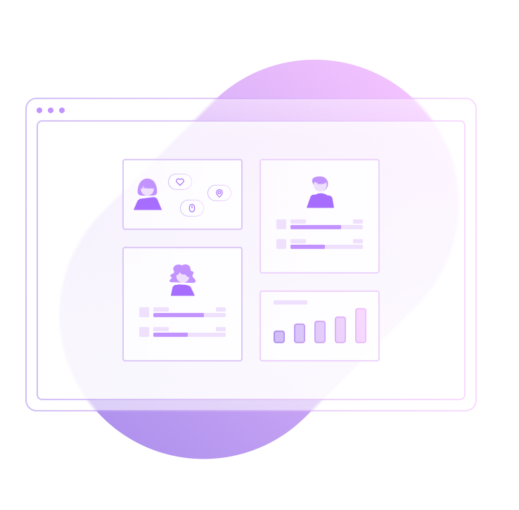 A graphical illustration of a website page with four boxes intended to depict marketing analysis tools.