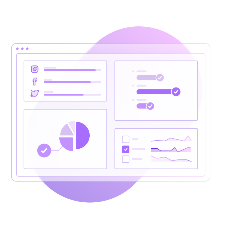 A graphical illustration of a website page with four boxes that depict social media statistics, a pie chart and line graphs.