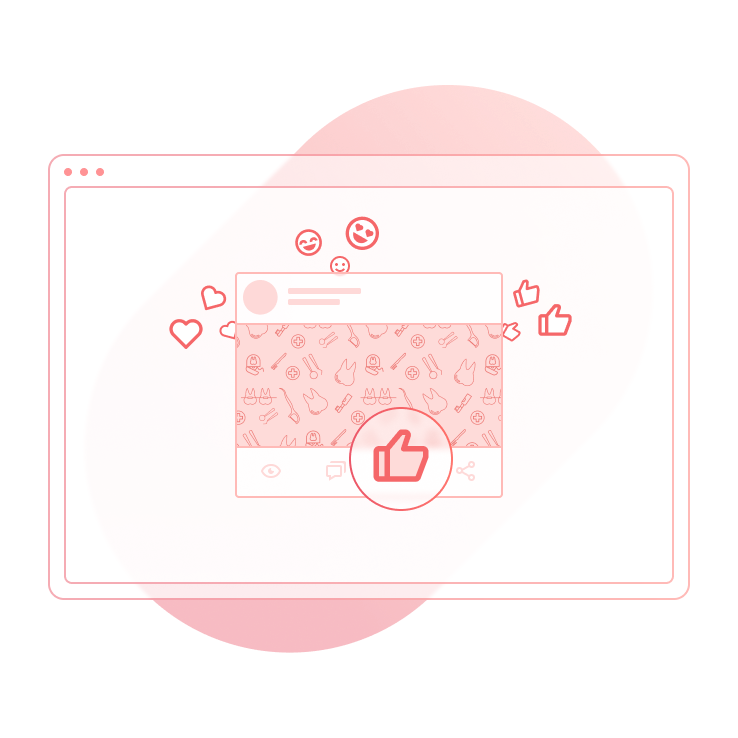 A graphical illustration of a website page depicting a modal surrounded by thumbs-up, smiley face and heart emojis.